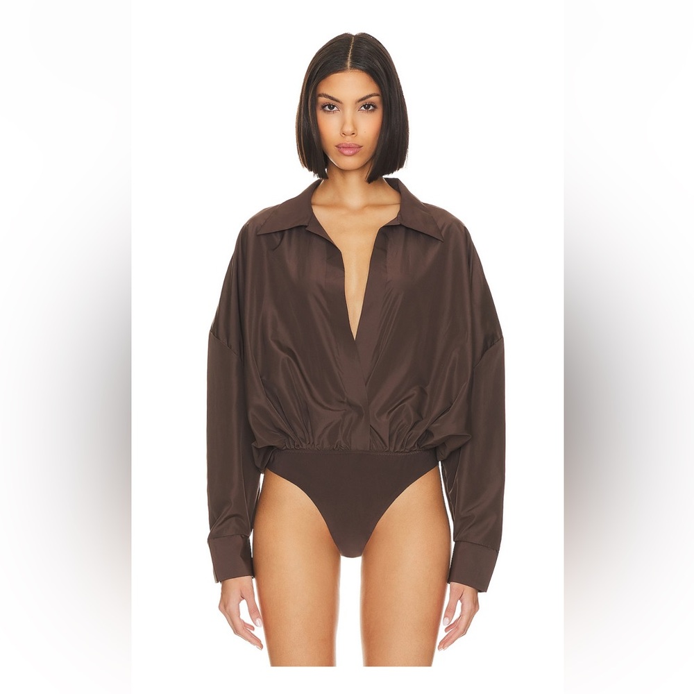 Norma Kamali Deep V Balloon Sleeve Blouse in Chocolate Brown - Picture 5 of 15